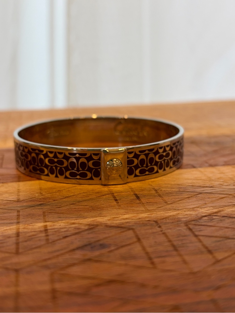 Coach Brown Enamel Signature Logo Bangle with Gold Accents